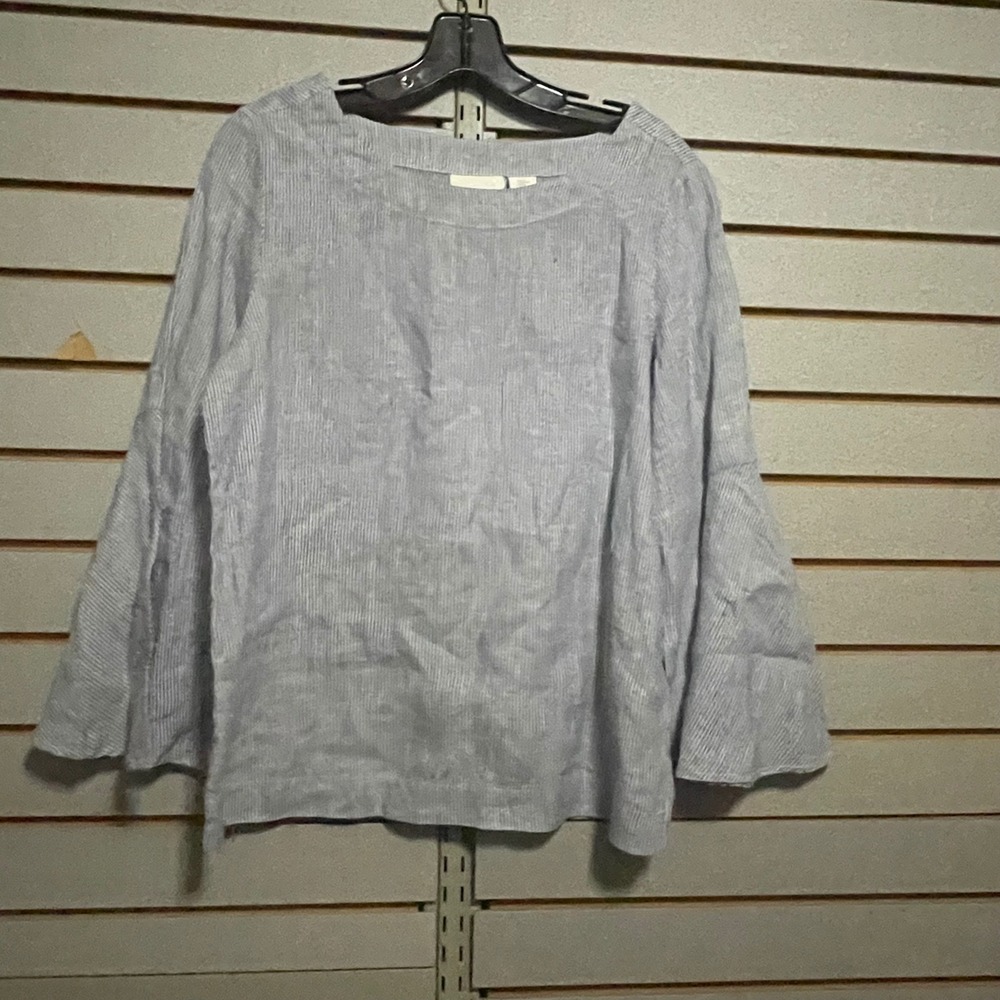 Cynthia Rowley Blue White Striped 100% Linen Bell Sleeve Boat Neck Top‎ Womens M